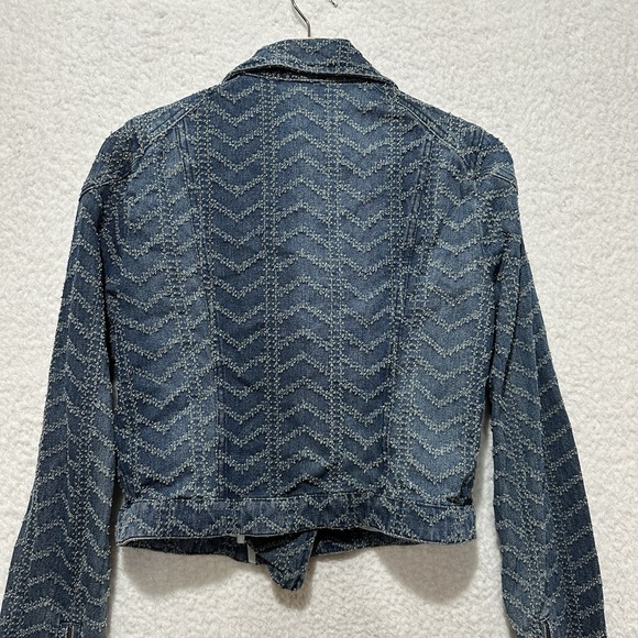 Free People Punched Denim Moto Jacket Herringbone Blue Jean Biker Women's Size 4 - Picture 10 of 14